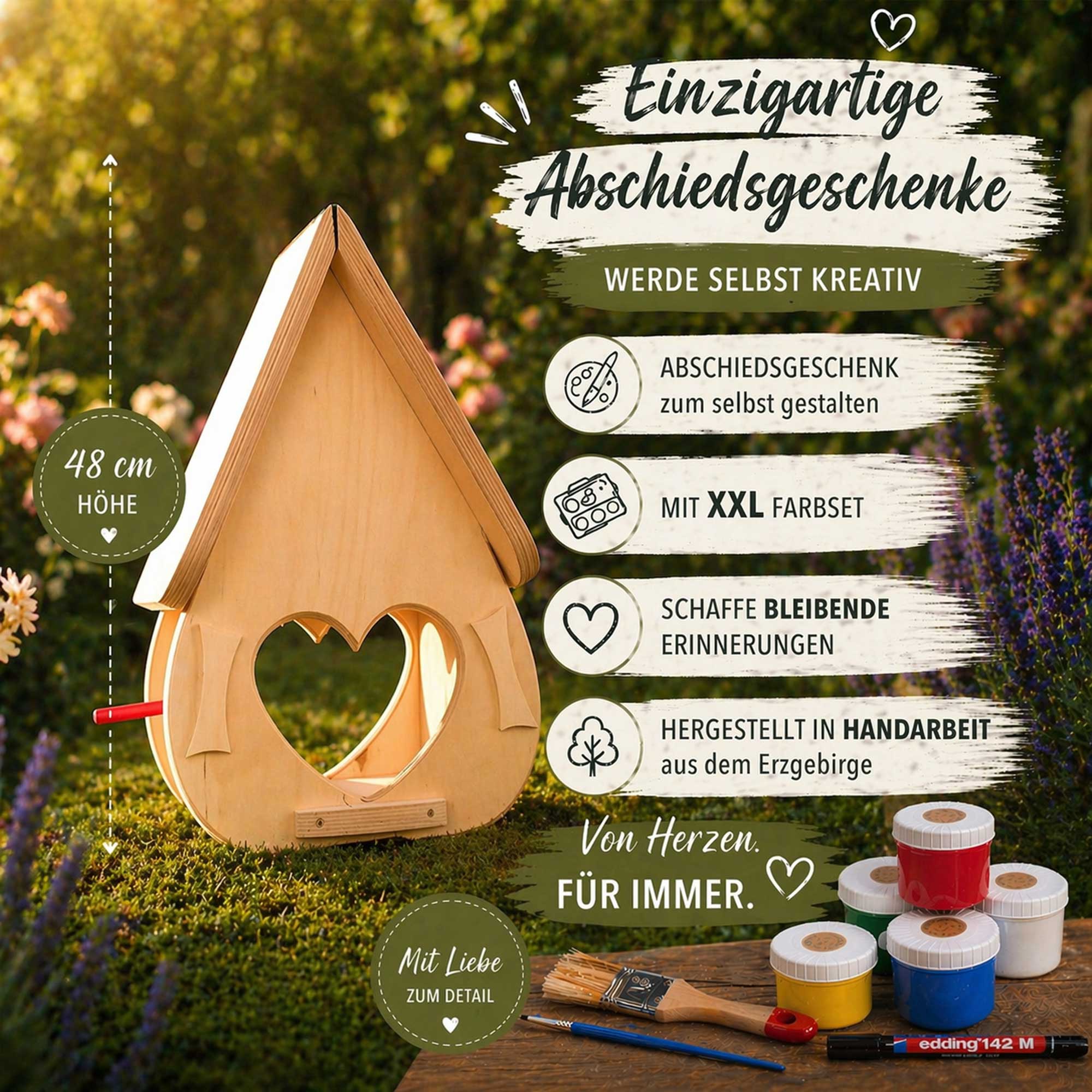 Vogelhaus bemalen Bausatz zum selbst gestalten als Kindergarten abschied Geschenk in Herzform mit Farbe