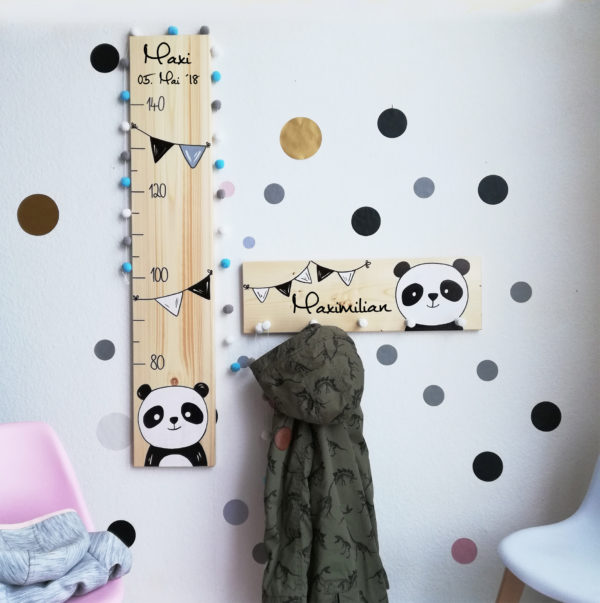 Original Vogelliebe Kinderzimmer Kindermesslatte und Garderobe mit Panda Motiv als Geschenk