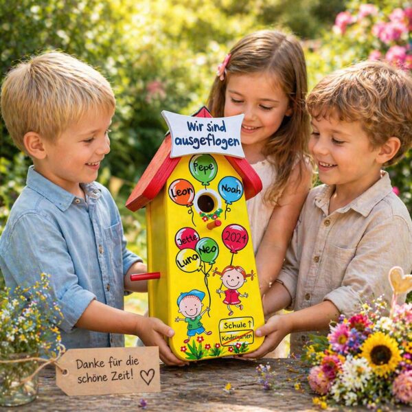 Persönliche Geschenkidee zum Abschluss Kindergarten Krippe tagesmutter Erzieherin Luftballons Namen der Kinder Vogelhaus