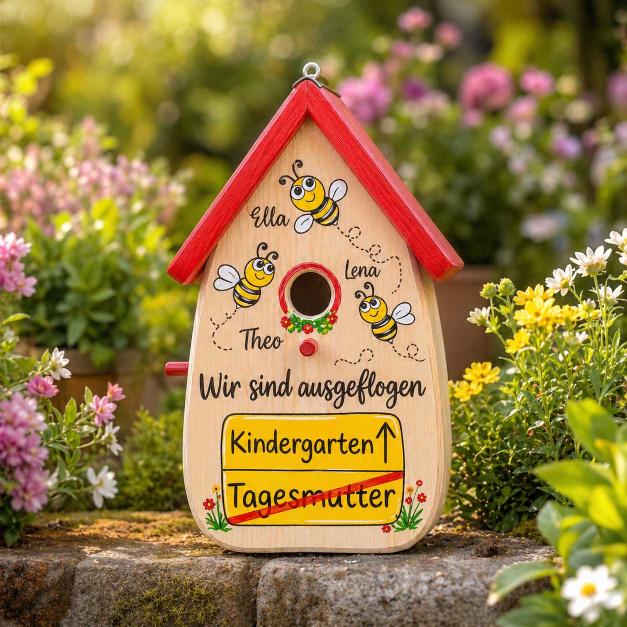 Kindergartenabschied Geschenkidee Nistkasten Bienen und Ortsschild – Bild 3