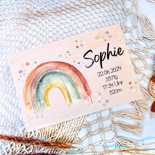 Geschenk zur Geburt Erinnerungskiste personalisiert Name und Geburtsdaten Regenbogen Motiv Jungen und Mädchen