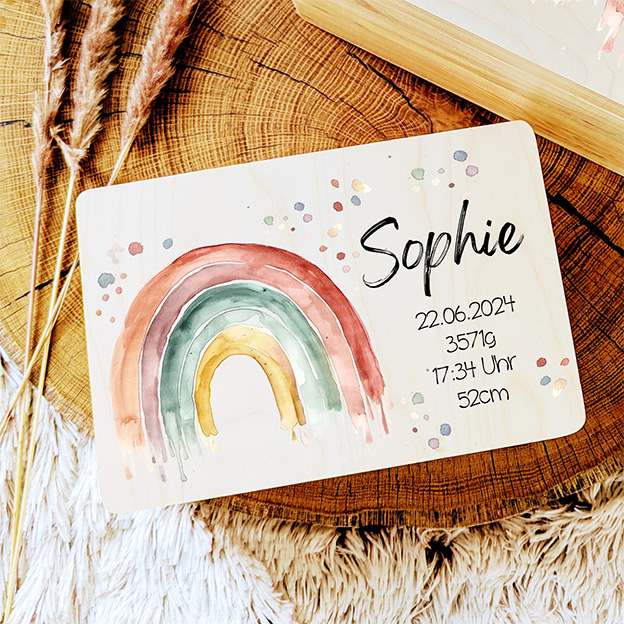Persönliches Geschenk zur Geburt Erinnerungskiste personalisiert Name und Geburtsdaten Regenbogen Motiv Jungen und Mädchen