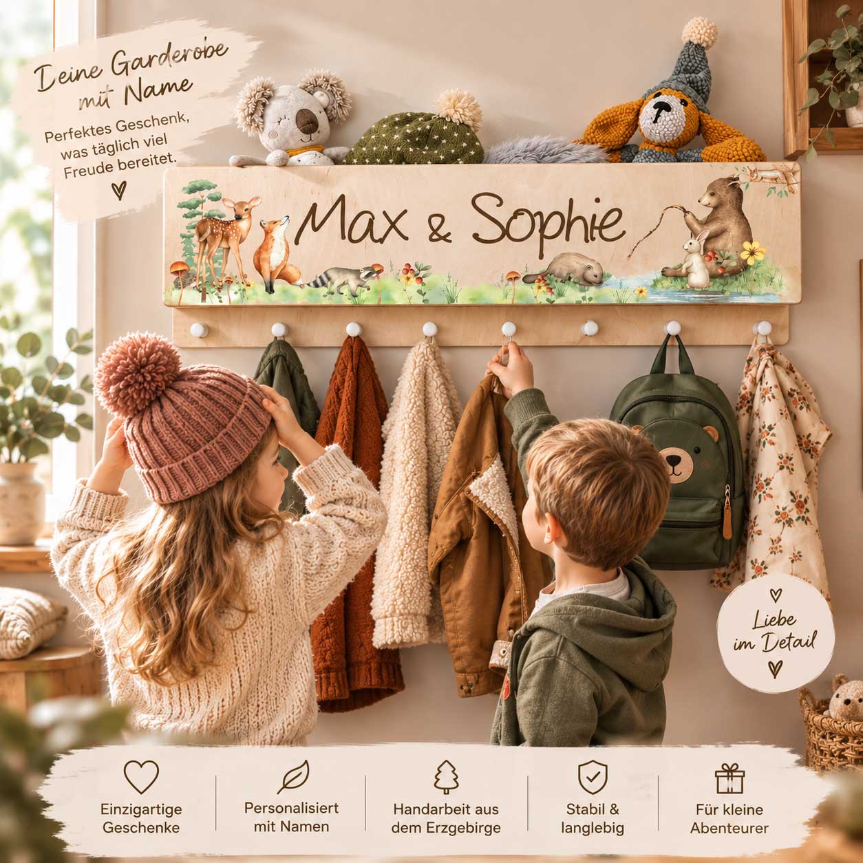 Kinder Garderobe mit Ablage personalisiert mit Name als Geschenk zu Geburtstag nützliches geschenk Kinderzimmer Waldtiere