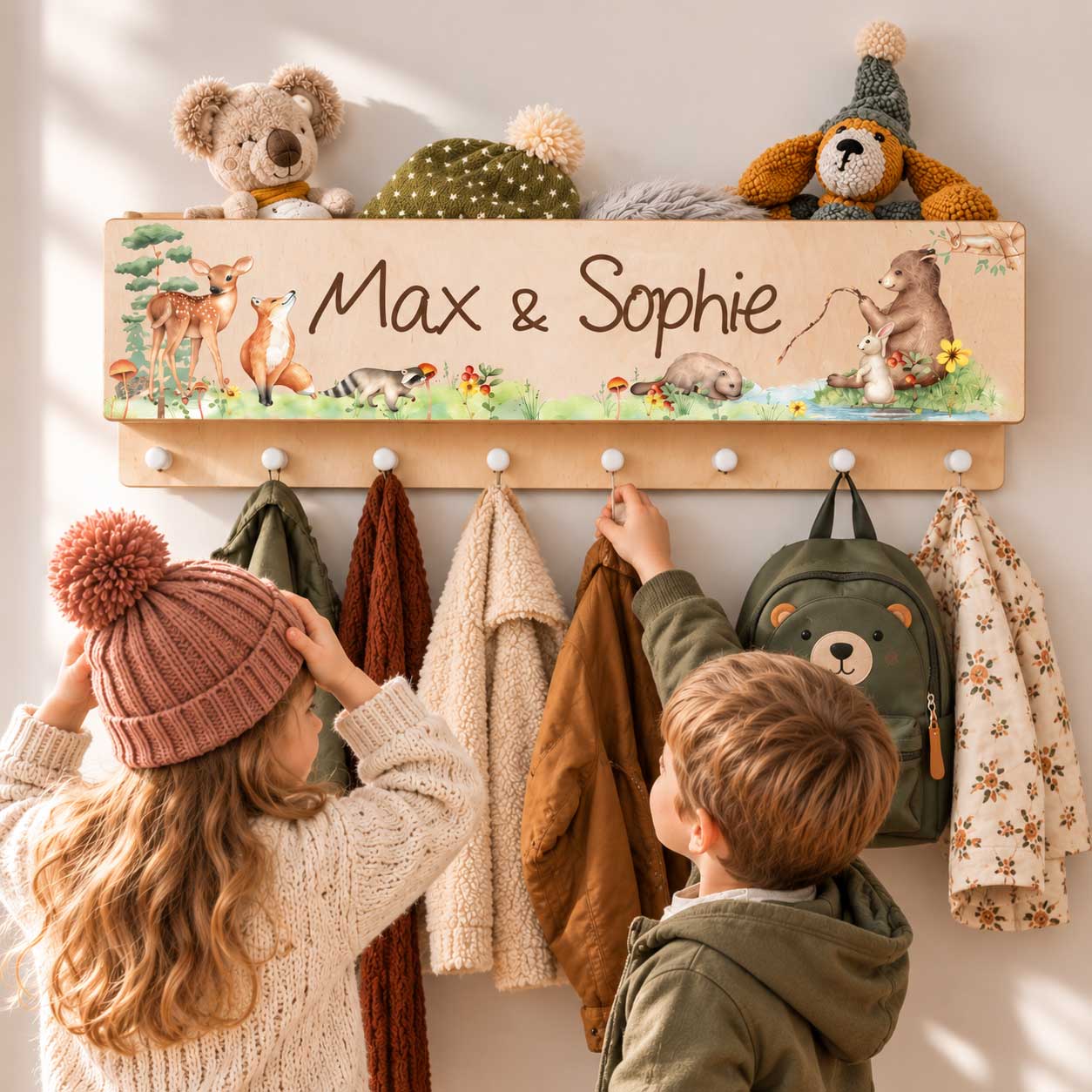 Kinder Geschwistergarderobe mit Ablage personalisiert mit Name als Geschenk zu Geburtstag nützliches geschenk Kinderzimmer Waldtiere