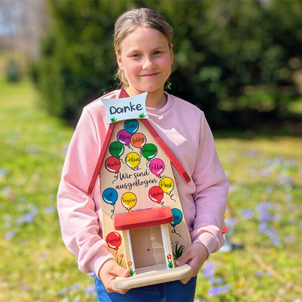 Geschenkidee zum Kindergarten Abschied Abschiedsgeschenk Erzieherin und Grundschule Schule Tagesmutter Eichhörnchen Futterhaus Futterstation