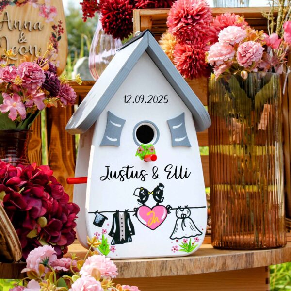 Vogelhaus Hochzeit Personalisiertes Hochzeitsgeschenk Herz Leine Grau – Bild 2