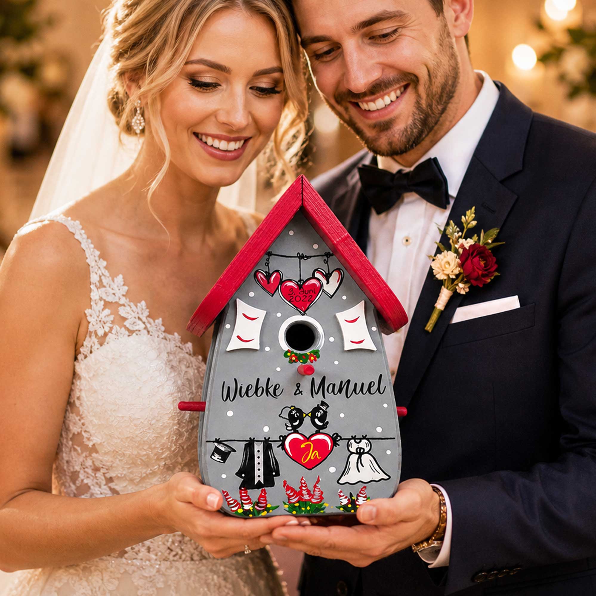 Vogelhaus Geschenk persönlich zur Hochzeit Brautpaar Geldgeschenk personalisiert