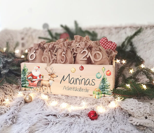 Adventskiste Weihnachtsmann Adventskalender zum selbst befüllen mit Name des Kindes personalisiert für Jungen und Mädchen 24 Jutesäcken