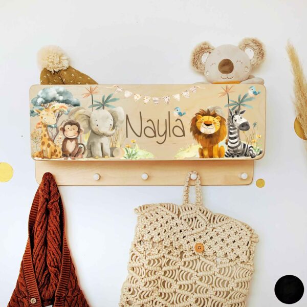 Kindergarderobe mit Ablage Garderobe mit Name personalisiert Geschenk Waldtiere Tiere Safari Dschungeltiere Nashorn Löwe