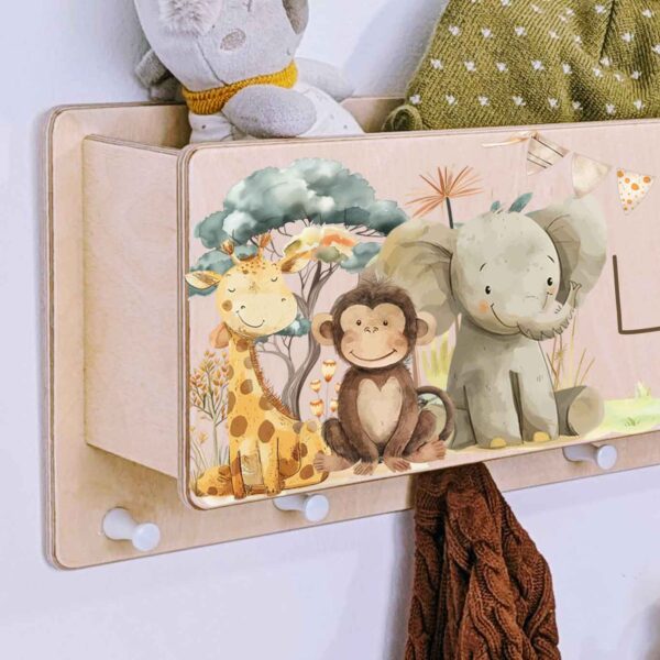 Kindergarderobe mit Ablage Garderobe mit Name personalisiert Geschenk Waldtiere Tiere Safari Dschungeltiere Nashorn Löwe