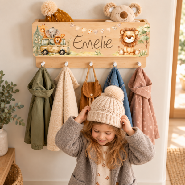 Kinder Garderobe mit Ablage personalisiert mit Name als Geschenk zu Geburtstag nützliches geschenk Kinderzimmer Safari Dschungel Löwe