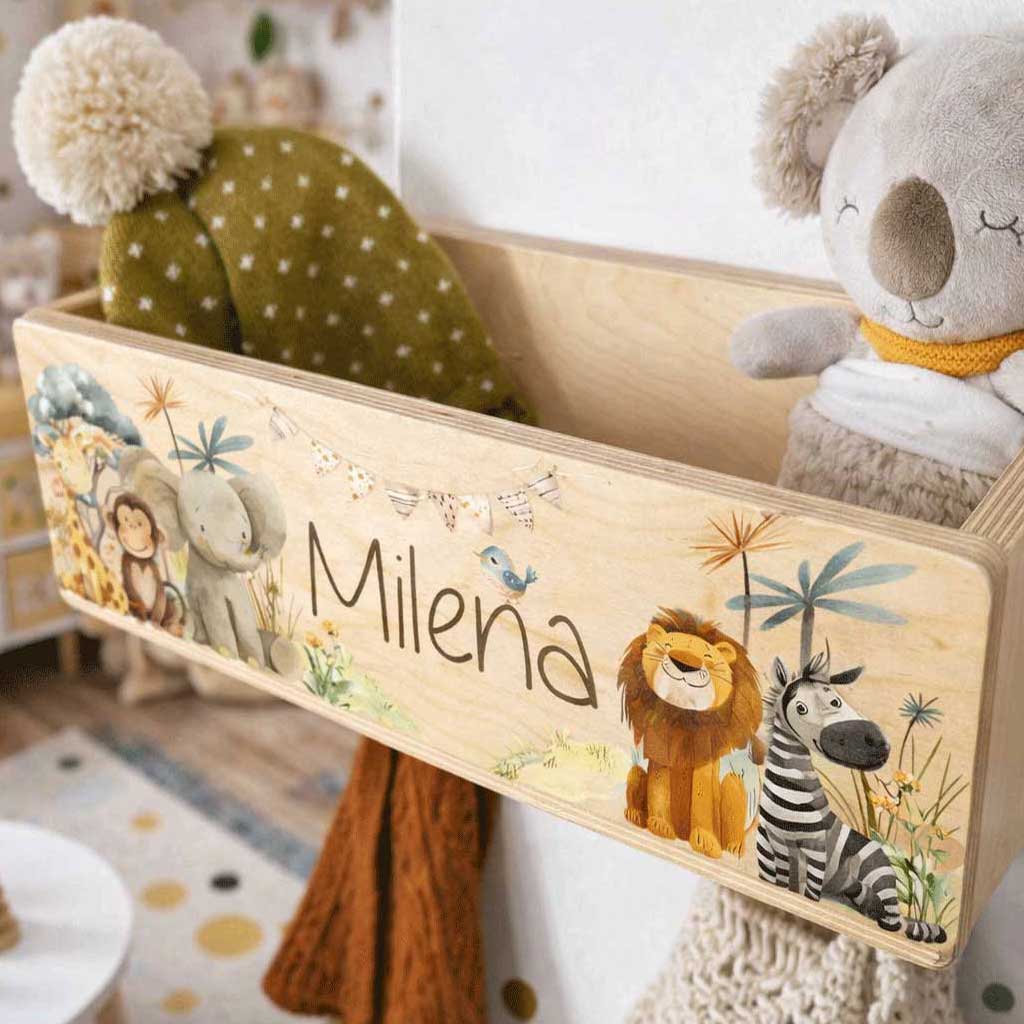 Kinder Garderobe mit Ablage personalisiert mit Name als Geschenk zu Geburtstag nützliches geschenk Kinderzimmer Safari Dschungel Löwe