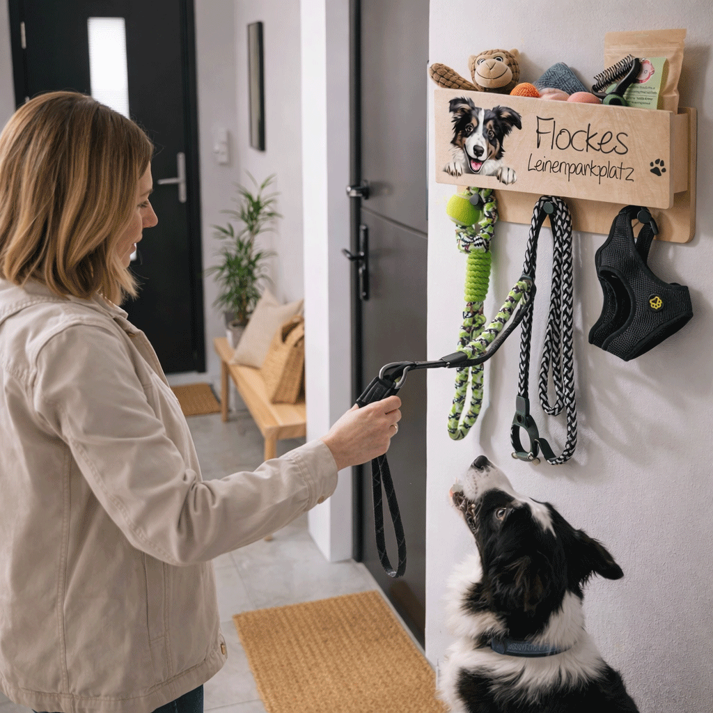 Hundergarderobe Leinenparkplatz Hunde leine aufbewahren Flur personalisiert Name vom Hund lustiges geschenk Hundebesitzer