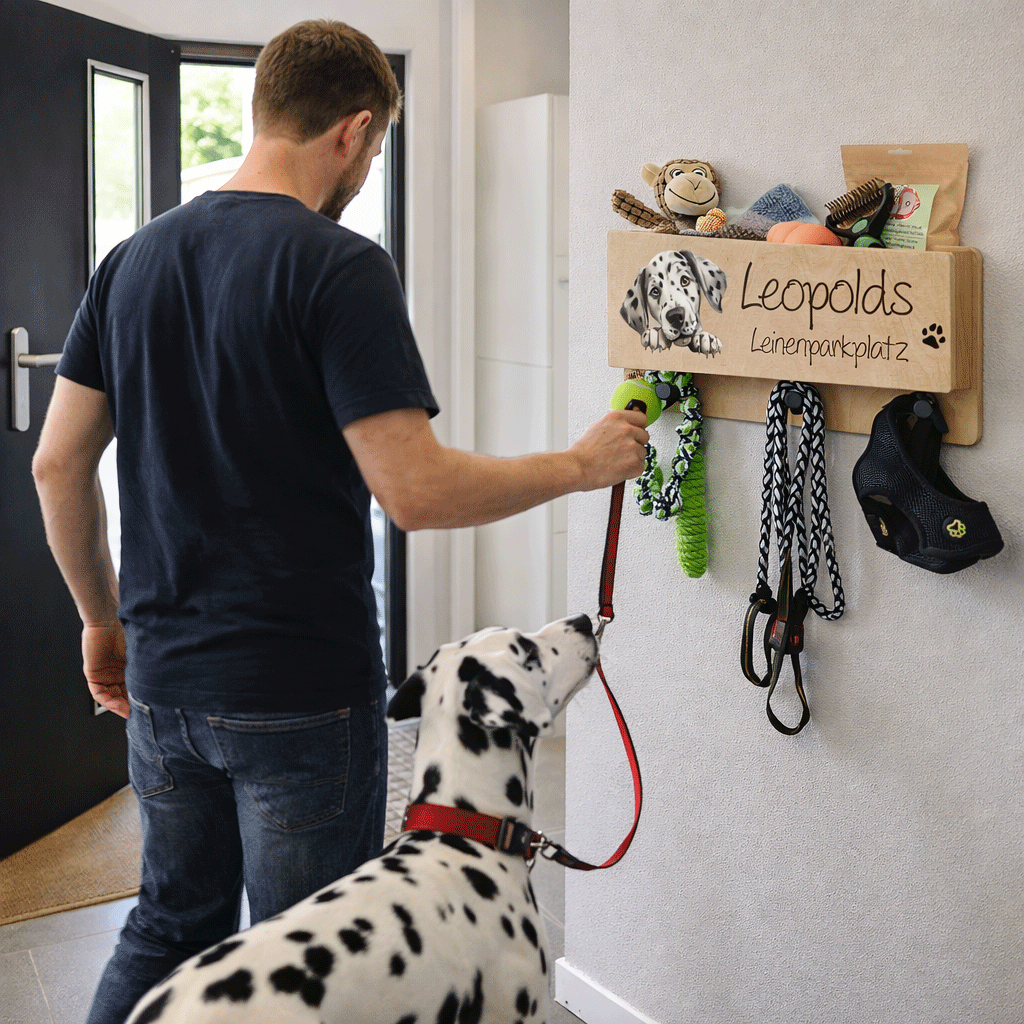 Hundergarderobe Leinenparkplatz Hunde leine aufbewahren Flur personalisiert Name vom Hund lustiges geschenk Hundebesitzer