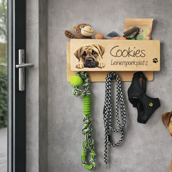 Hundergarderobe Leinenparkplatz Hunde leine aufbewahren Flur personalisiert Name vom Hund lustiges geschenk Hundebesitzer