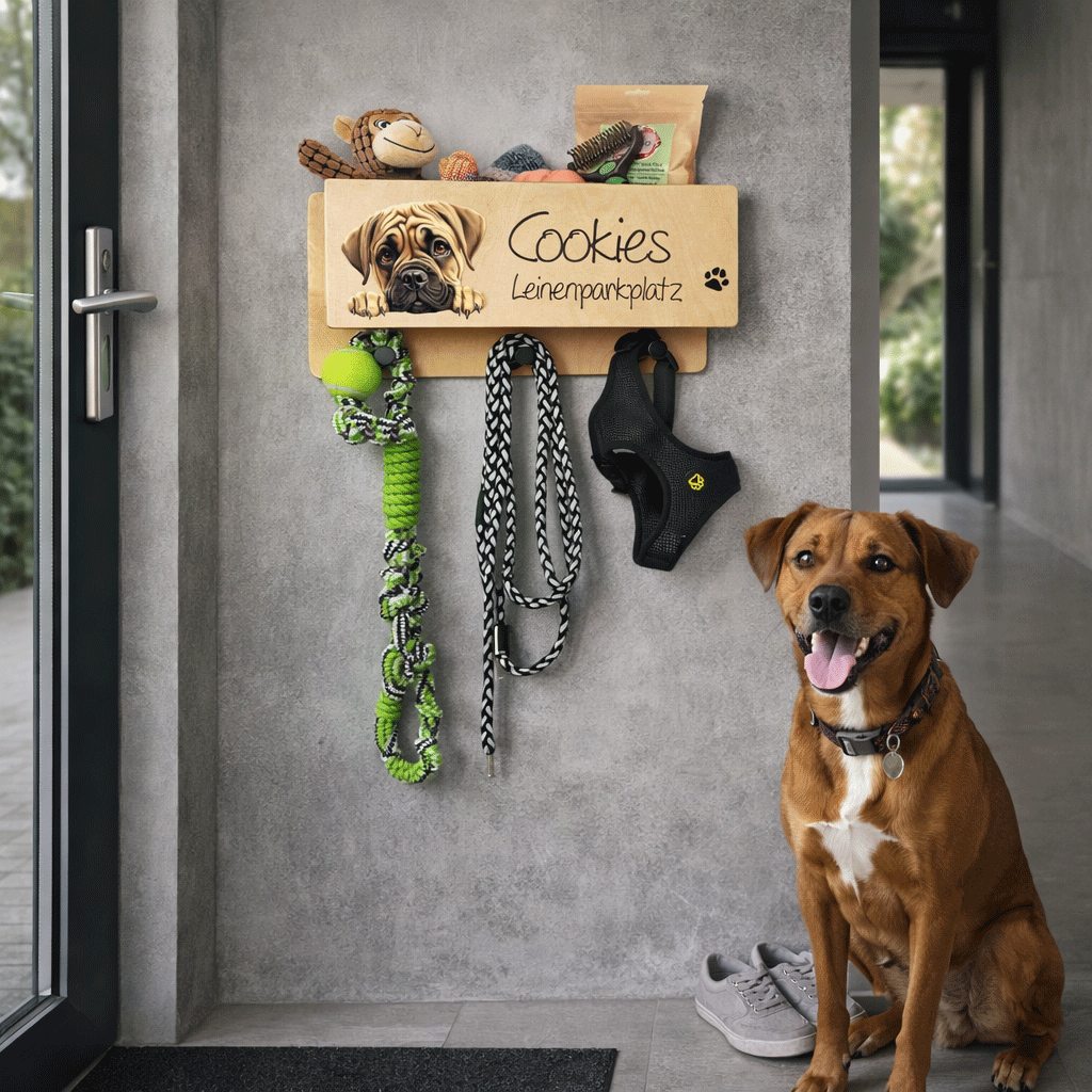 Hundergarderobe Leinenparkplatz Hunde leine aufbewahren Flur personalisiert Name vom Hund lustiges geschenk Hundebesitzer