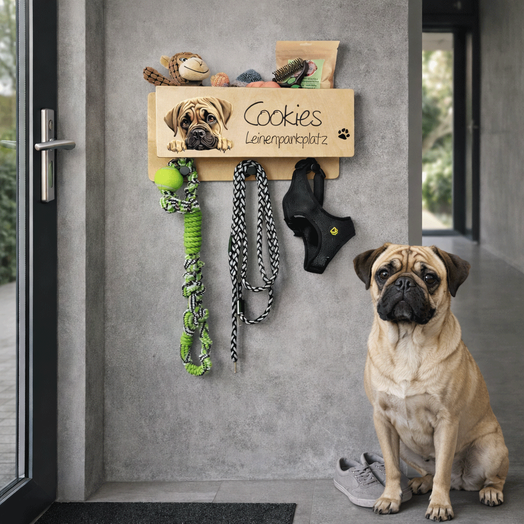 Hundergarderobe Leinenparkplatz Hunde leine aufbewahren Flur personalisiert Name vom Hund lustiges geschenk Hundebesitzer