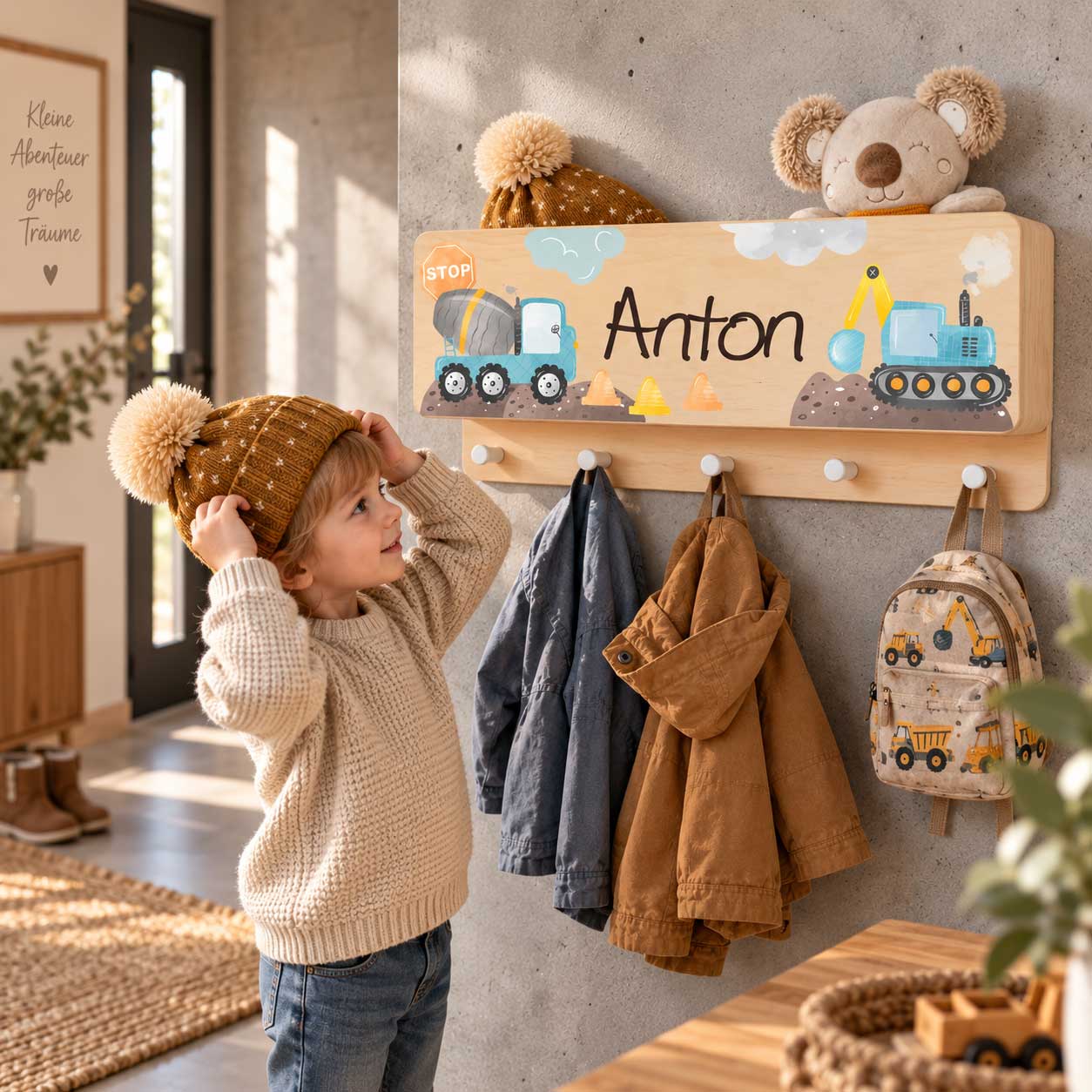 Kindergarderobe als Geschenk mit Name inkl. Ablage - großes Ablagefach Baustelle blau – Bild 2