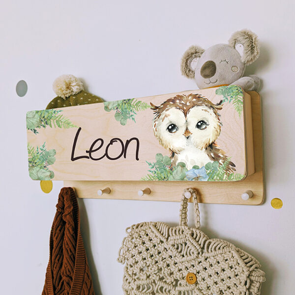 Kindergarderobe mit Ablage Garderobe mit Name personalisiert Geschenk Waldtiere Eule Fuchs Hase Pampas Gräser