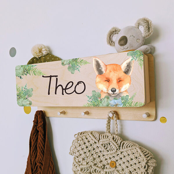 Kindergarderobe mit Ablage Garderobe mit Name personalisiert Geschenk Waldtiere Eule Fuchs Hase Pampas Gräser