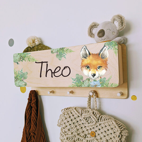 Kindergarderobe mit Ablage Garderobe mit Name personalisiert Geschenk Waldtiere Eule Fuchs Hase Pampas Gräser