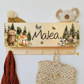 Kindergarderobe mit Ablage Garderobe mit Name personalisiert Geschenk Waldtiere Fuchs Fledermaus Bär Elch