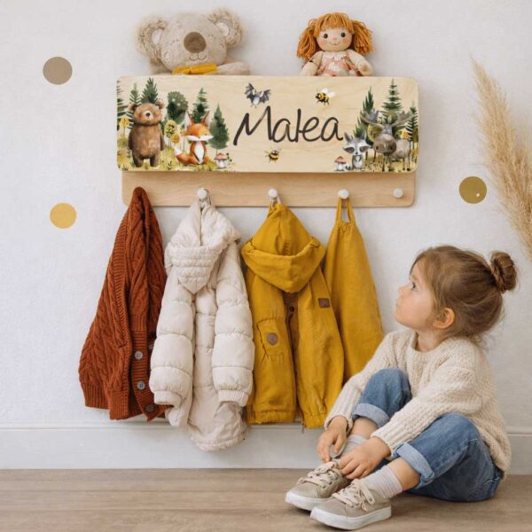 Kinder Garderobe mit Ablage personalisiert mit Name als Geschenk zu Geburtstag nützliches geschenk Kinderzimmer Waldtiere