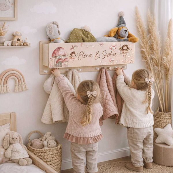 Geschenk zum geburtstag Kinder Kinderzimmer personalisiert nützlich Kindergarderobe Montessori Kleidung verstauen Fee Mädchen Zauberwald Namen personalisiert