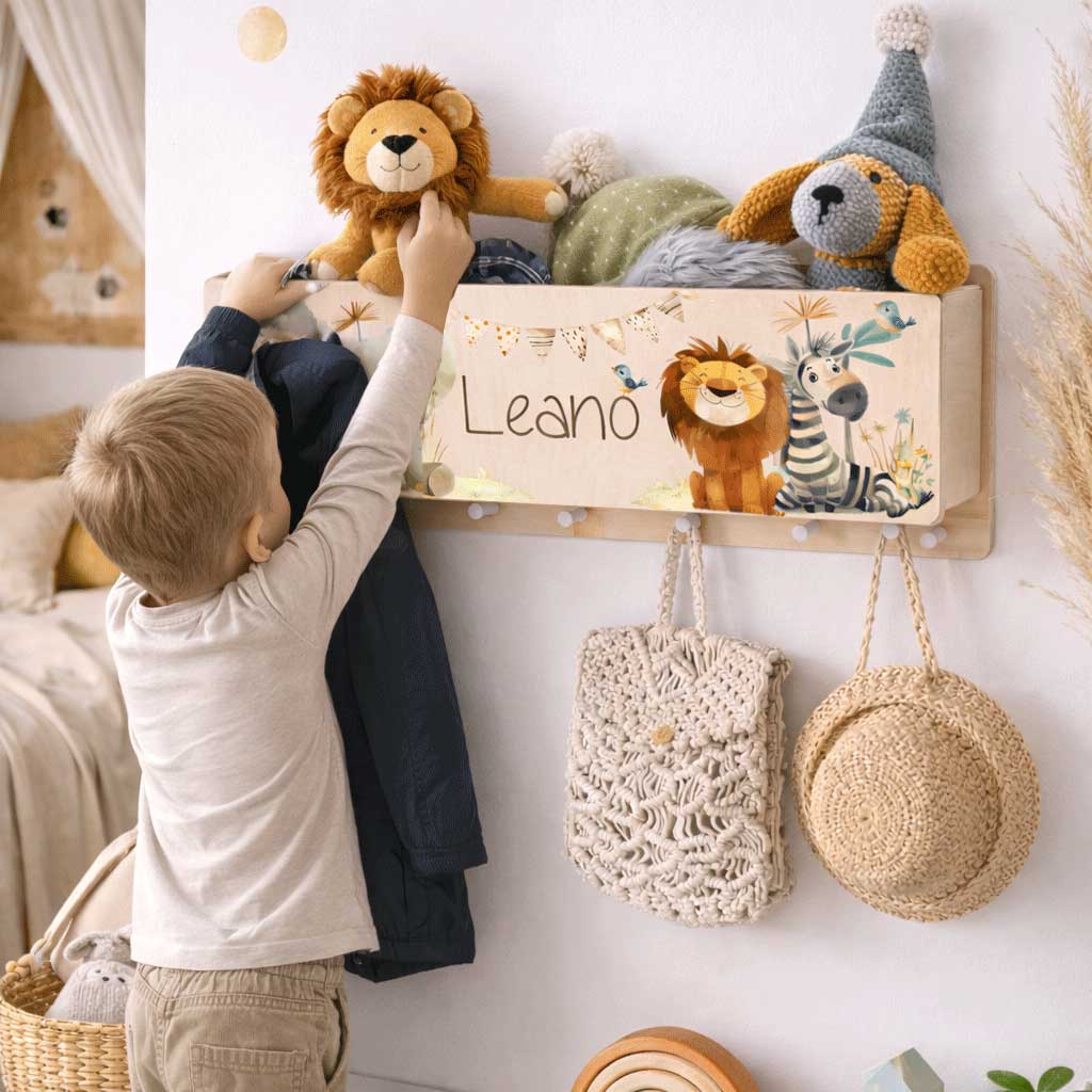 Geschenk zum geburtstag Kinder Kinderzimmer personalisiert nützlich Kindergarderobe Montessori Kleidung verstauen Dschungel Tiere Löwe