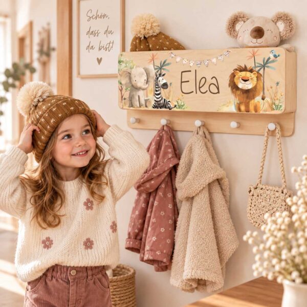 Kindergarderobe Garderobe für Kinder mit Ablage Fach für Mütze Schal verstauen nützliches Geschenk personalisiert mit Name Tiere Dschungel Tiere