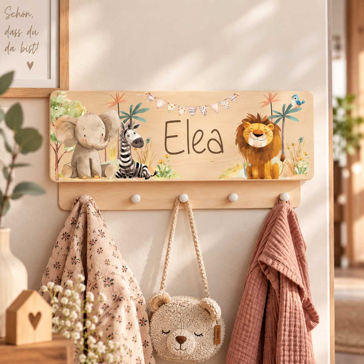 Kindergarderobe Garderobe für Kinder mit Ablage Fach für Mütze Schal verstauen nützliches Geschenk personalisiert mit Name Tiere Dschungel Tiere