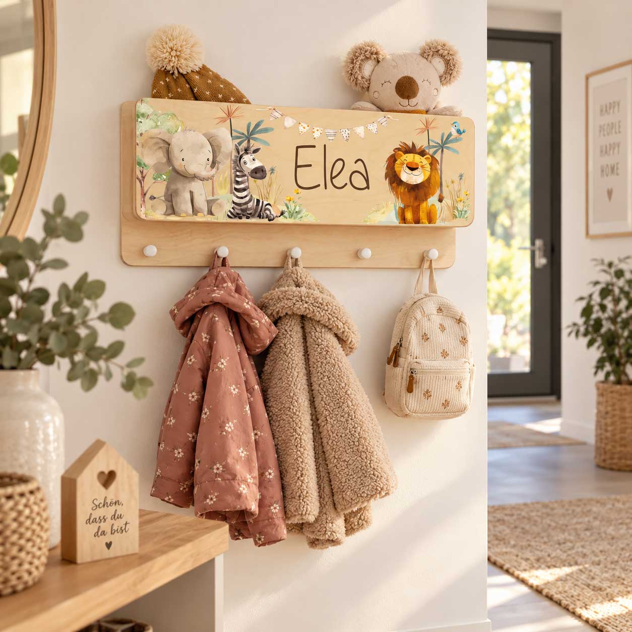 Kindergarderobe Garderobe für Kinder mit Ablage Fach für Mütze Schal verstauen nützliches Geschenk personalisiert mit Name Tiere Dschungel Tiere