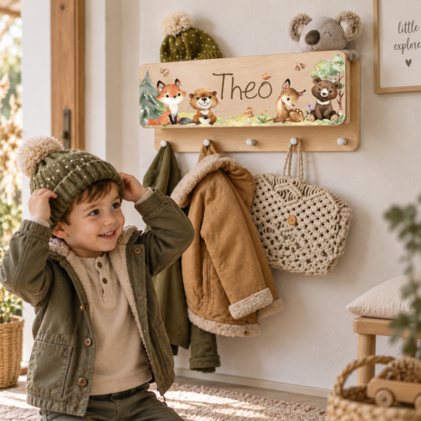 Kinder Garderobe mit Ablage personalisiert mit Name als Geschenk zu Geburtstag nützliches geschenk Kinderzimmer Waldtiere