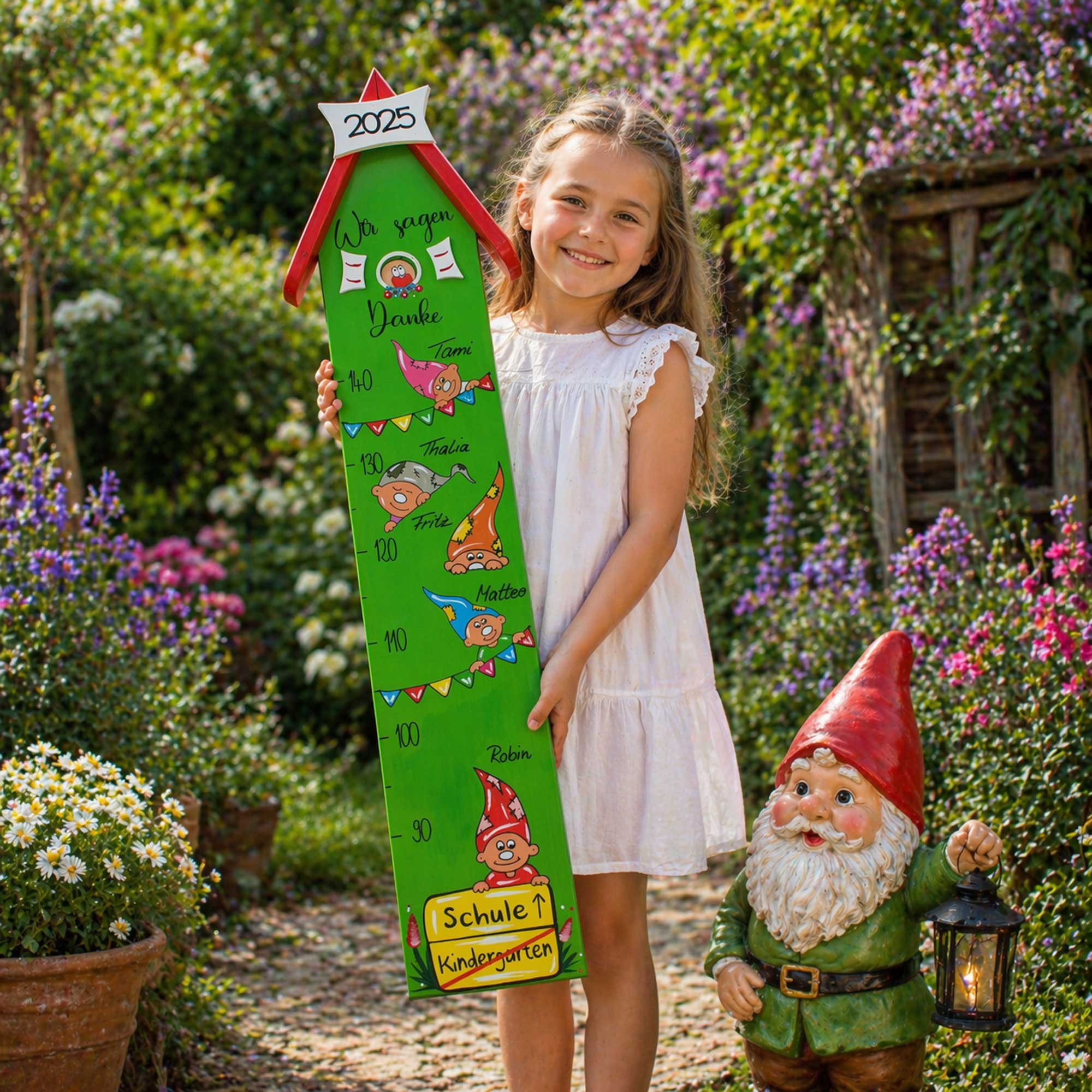Abschiedsgeschenk Kindergarten Erzieherin Messlatte für außen Garten nachhaltiges Geschenk mit Tieren und Namen persönliches lustiges persönliches geschenk Zwerge Wichtel