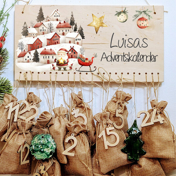 Adventskalender zum hängen und selbst befüllen für Kinder personalisiert mit Name Weihnachten Weihnachtsmann 24 Säckchen