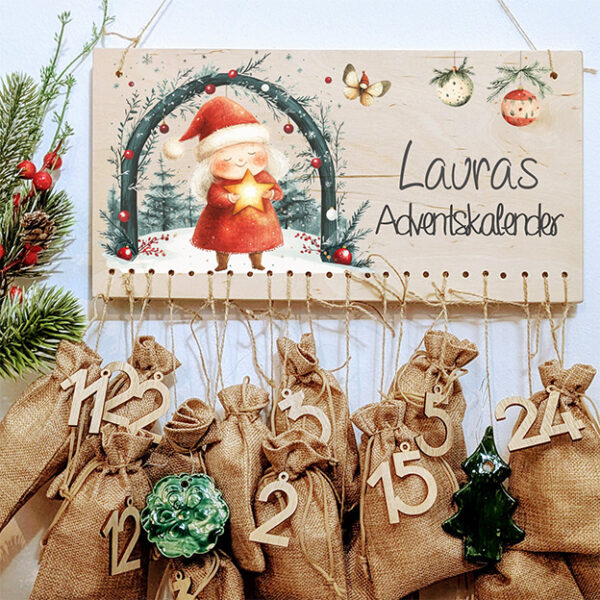 Adventskalender zum hängen und selbst befüllen für Kinder personalisiert mit Name Weihnachten Weihnachtsmann 24 Säckchen
