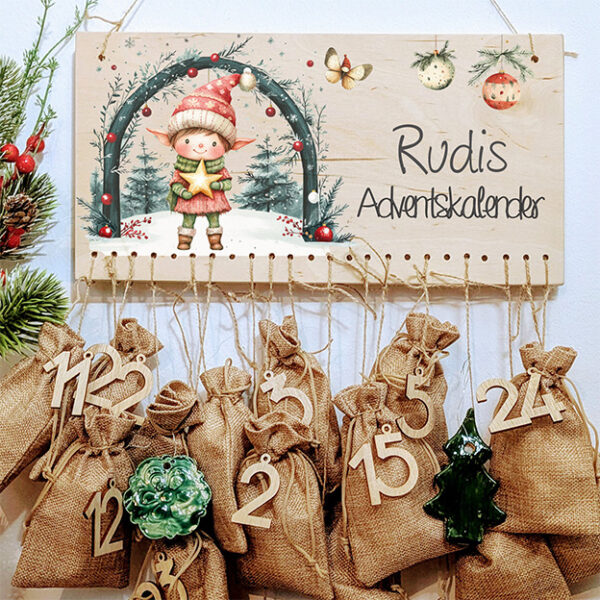 Adventskalender zum hängen und selbst befüllen für Kinder personalisiert mit Name Weihnachten Weihnachtsmann 24 Säckchen
