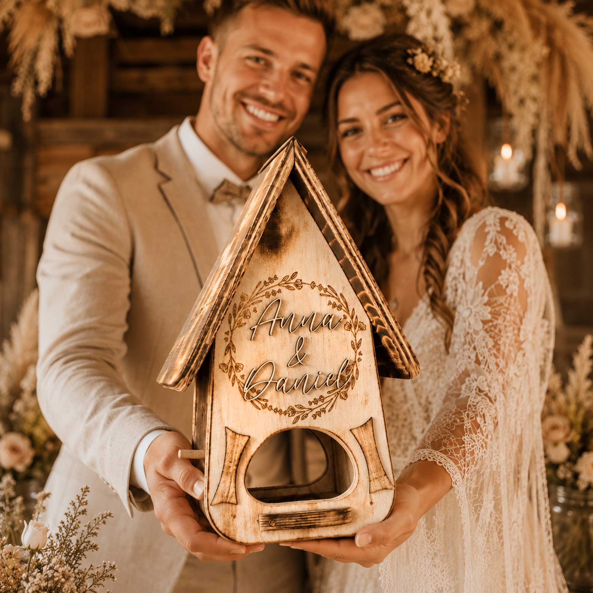 Vogelhaus persönliche Geschenkidee Alpenstil Alpen Hochzeit Name graviert gelasert Brautpaar Boho Hochzeit