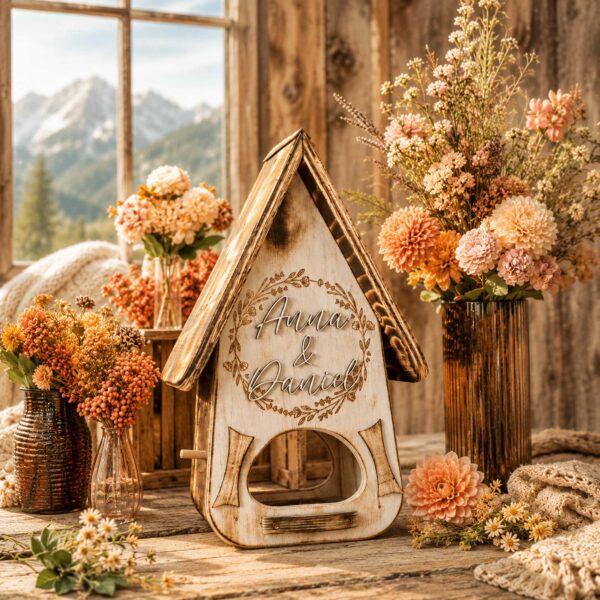 Vogelhaus persönliche Geschenkidee Alpenstil Alpen Hochzeit Name graviert gelasert Brautpaar Boho Hochzeit