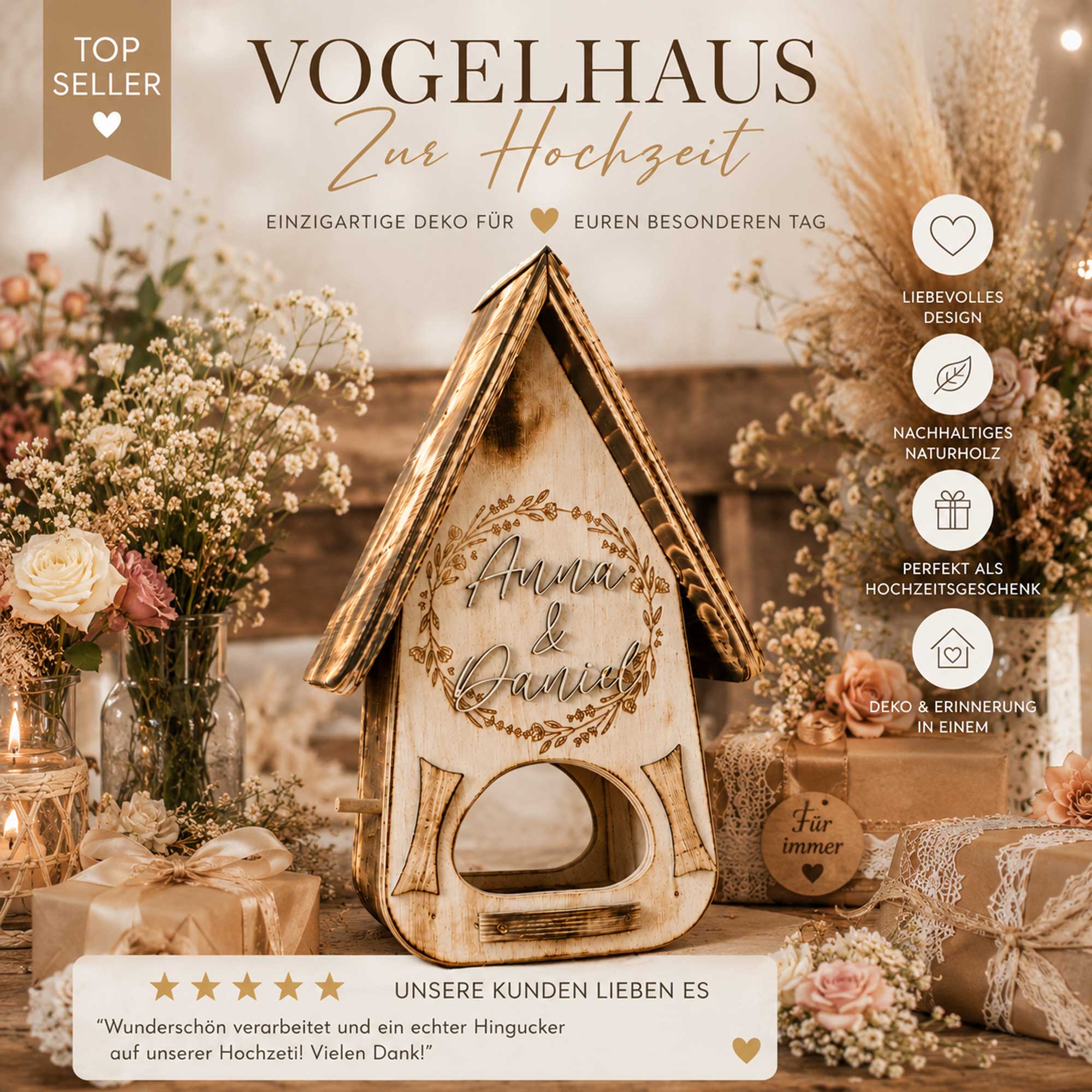 Vogelhaus persönliche Geschenkidee Alpenstil Alpen Hochzeit Name graviert gelasert Brautpaar Boho Hochzeit