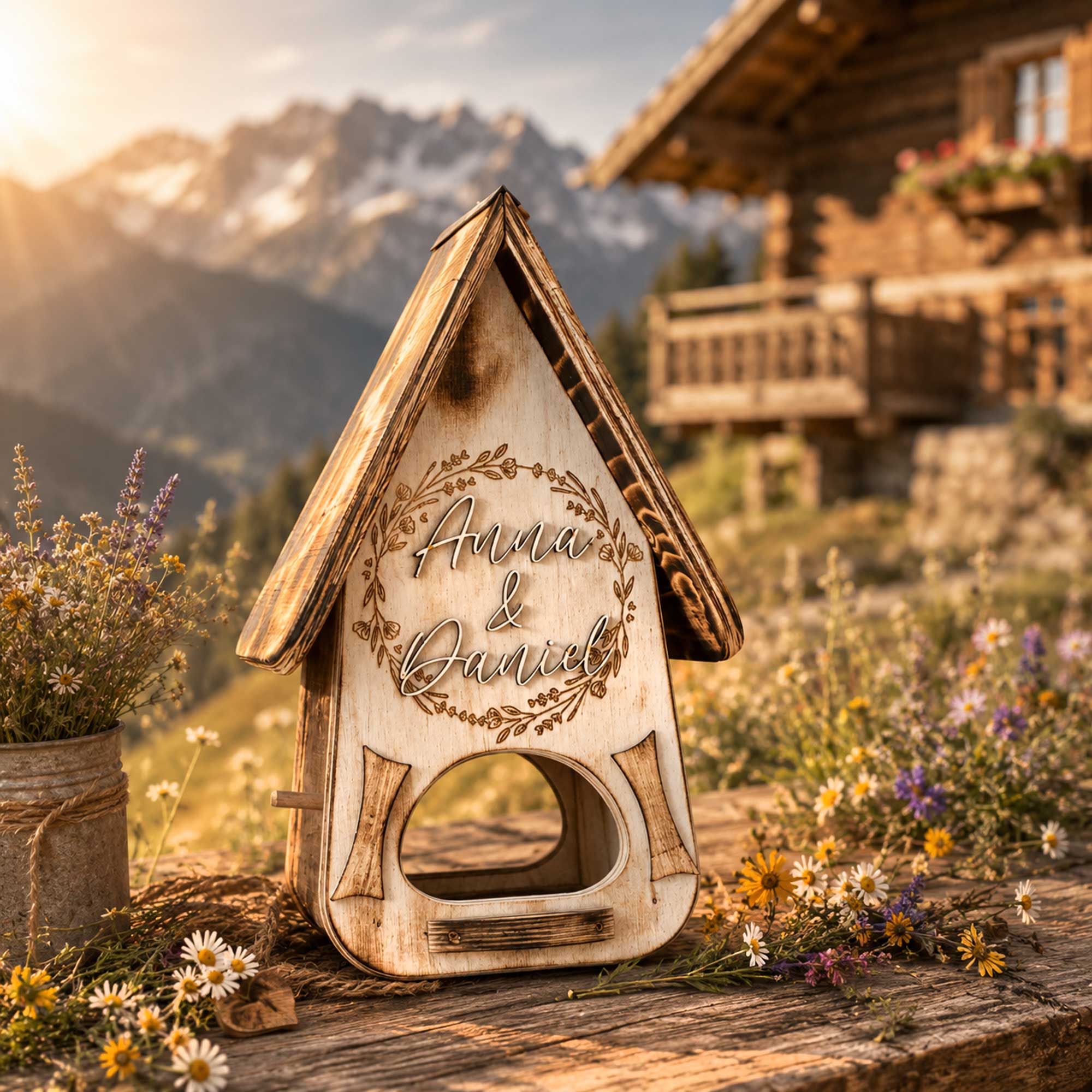 Vogelhaus persönliche Geschenkidee Alpenstil Alpen Hochzeit Name graviert gelasert Brautpaar Boho Hochzeit