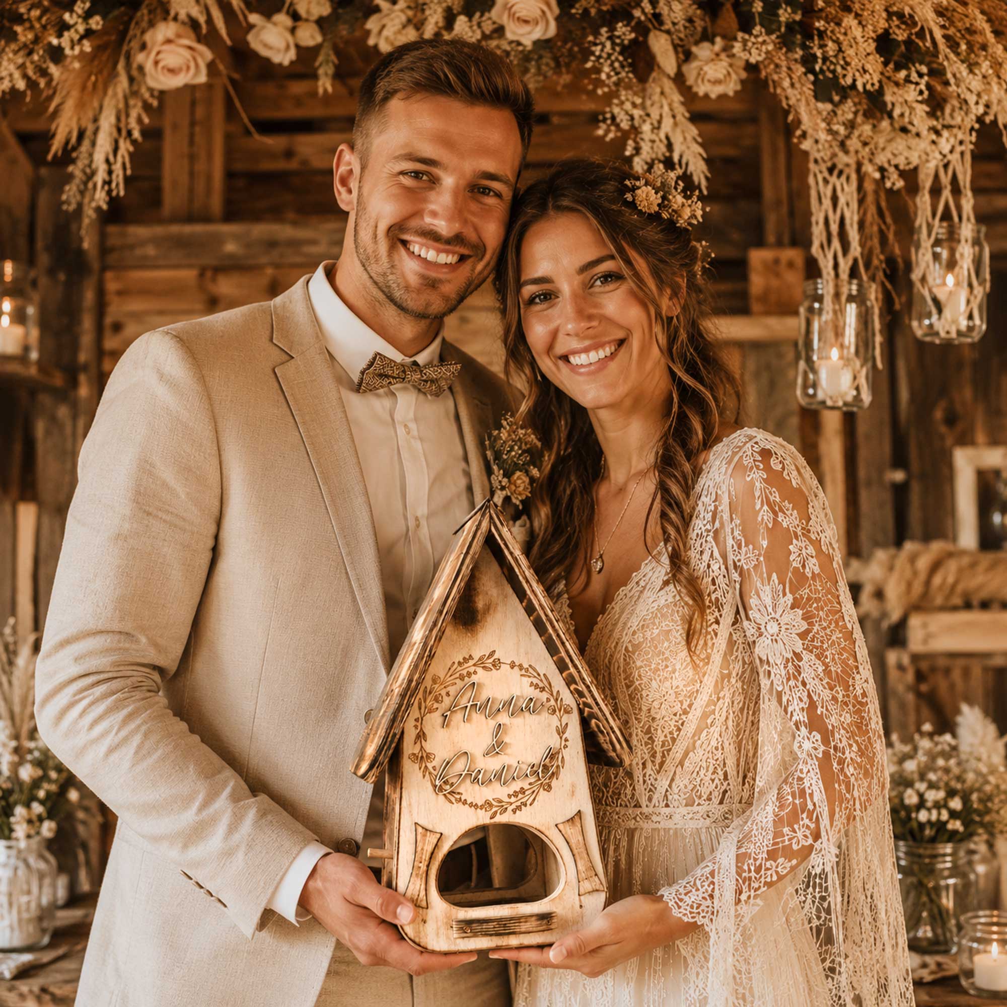 Vogelhaus persönliche Geschenkidee Alpenstil Alpen Hochzeit Name graviert gelasert Brautpaar