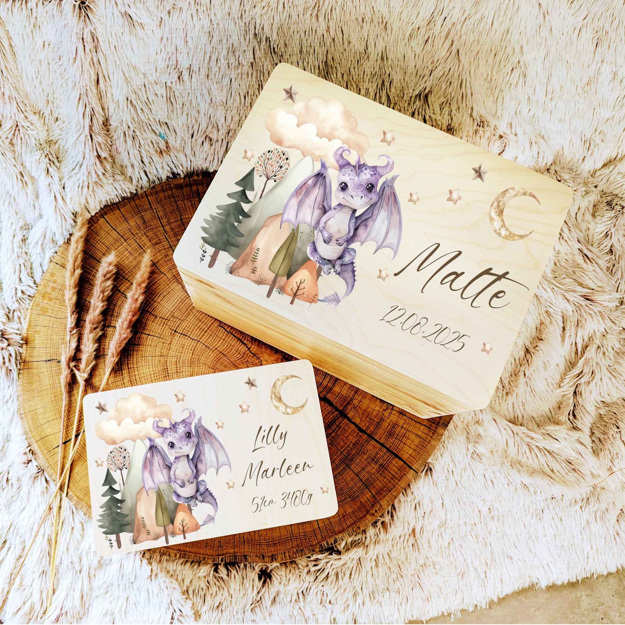 Erinnerungskiste Holz Baby Geschenk Geburt Taufe persönliches Geschenk Erinnerungen aufbewahren Drachen Drache