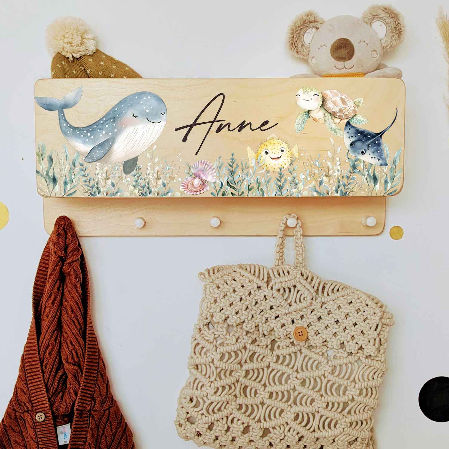 Kindergarderobe als Geschenk mit Name inkl. Ablage - großes Ablagefach Meerestiere Wal Unterwasserwelt