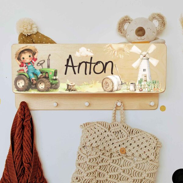 Kindergarderobe mit Ablage Garderobe mit Name personalisiert Geschenk Traktor Motiv Bauernhof Kinderzimmer