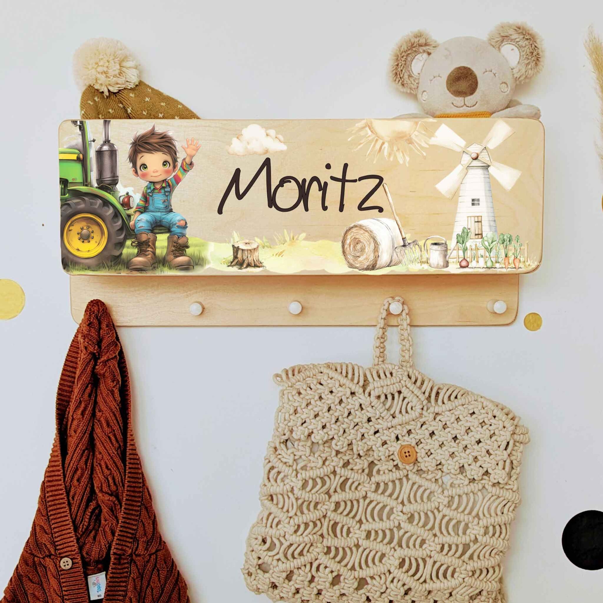 Kindergarderobe mit Ablage Garderobe mit Name personalisiert Geschenk Traktor Motiv Bauernhof Kinderzimmer