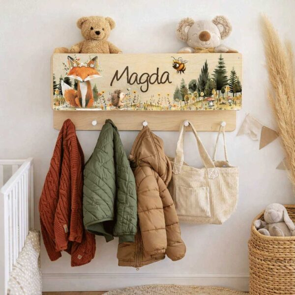 Kindergarderobe Garderobe für Kinder mit Ablage Fach für Mütze Schal verstauen nützliches Geschenk personalisiert mit Name Tiere Waldtiere Fuchs
