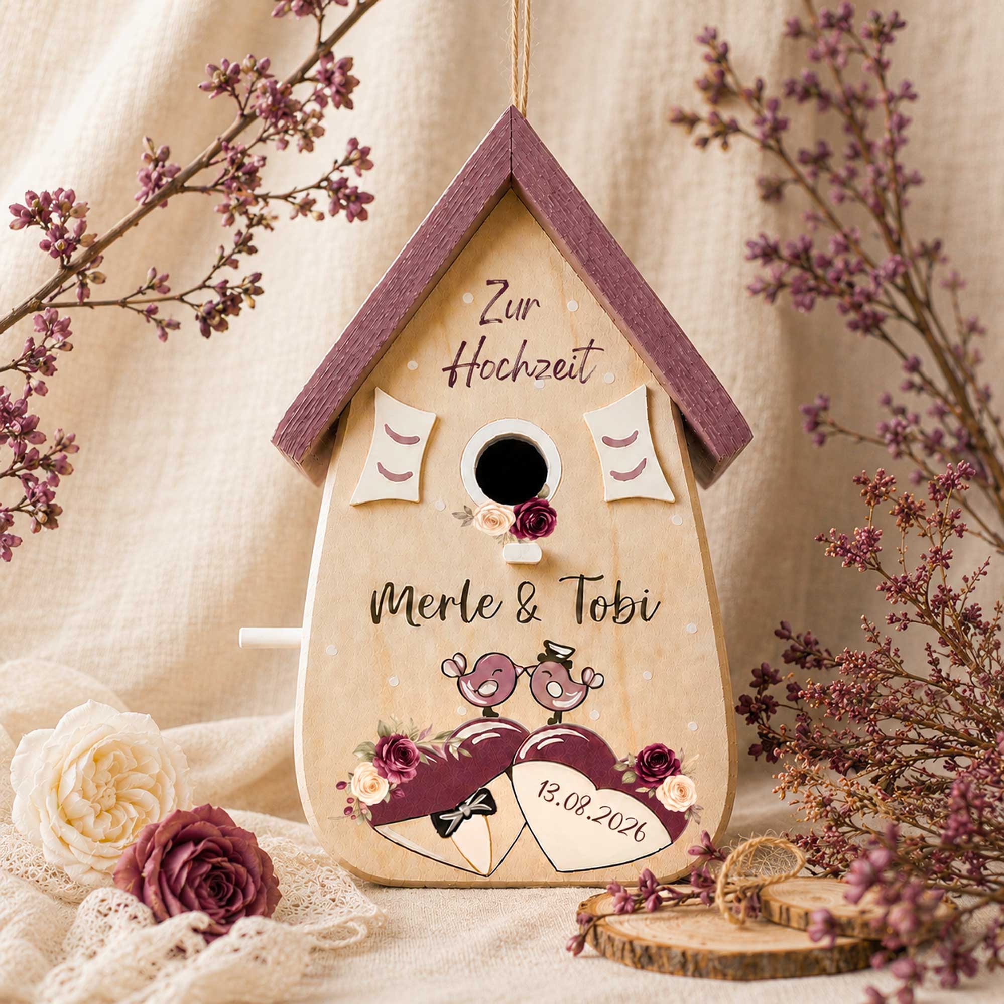 Personalisiertes Hochzeitsgeschenk Vogelhaus Burgunder Farben Namen vom Brautpaar Hochzeitsdatum Gastgeschenk Boho Hochzeit Pflaume Flieder lila violett