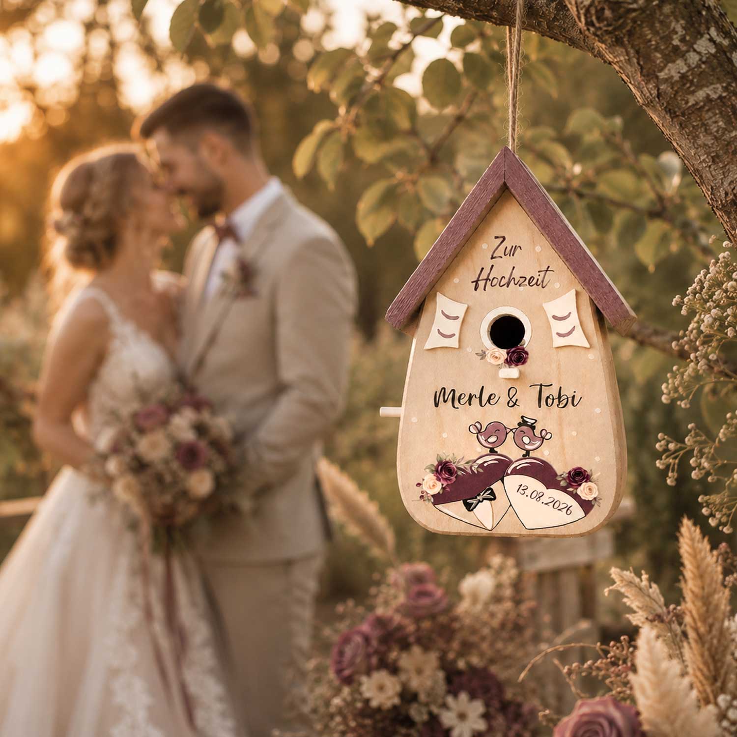 Personalisiertes Hochzeitsgeschenk Vogelhaus Burgunder Farben Namen vom Brautpaar Hochzeitsdatum Gastgeschenk Boho Hochzeit Pflaume Flieder lila violet