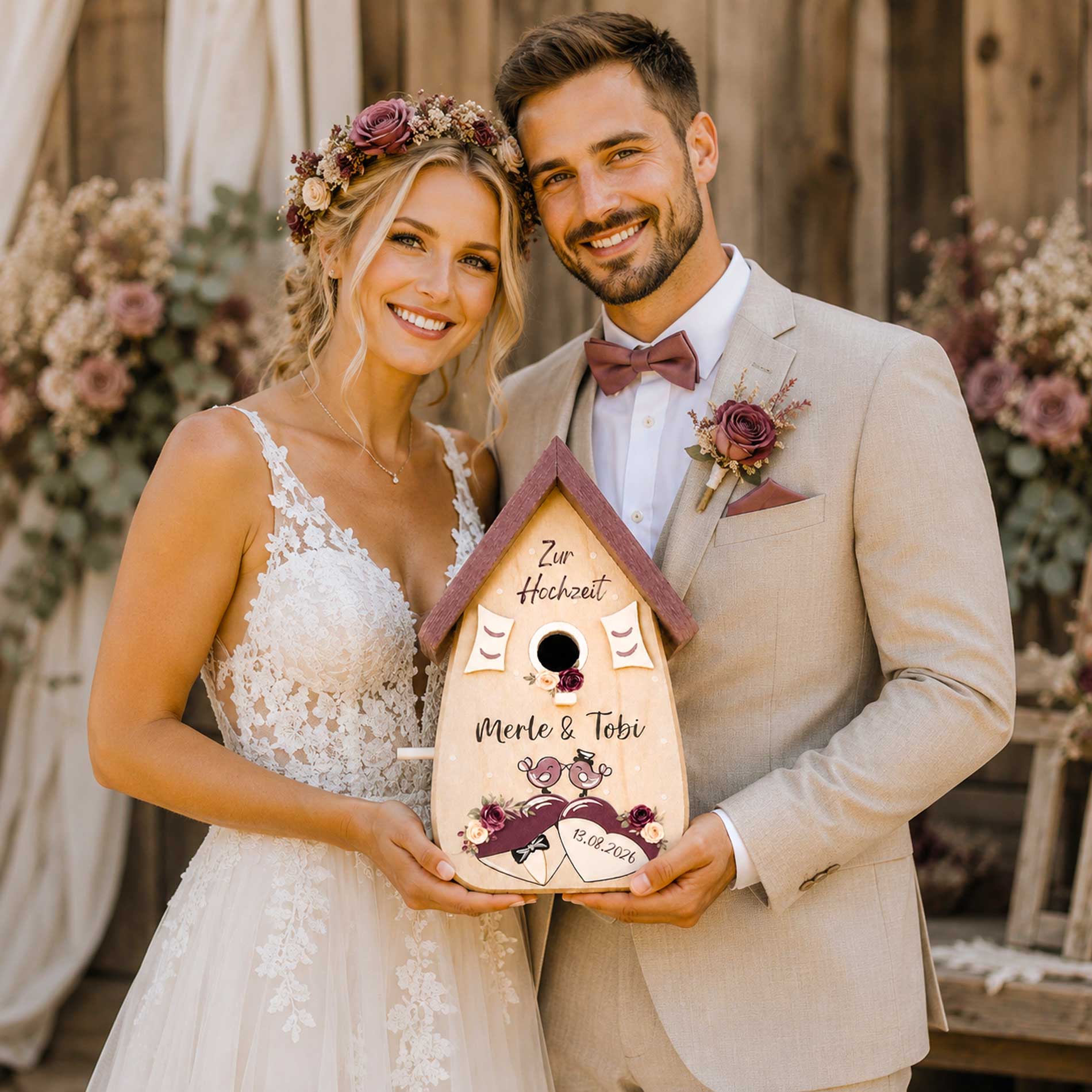 Personalisiertes Hochzeitsgeschenk Vogelhaus Burgunder Farben Namen vom Brautpaar Hochzeitsdatum Gastgeschenk Boho Hochzeit Pflaume Flieder lila violet